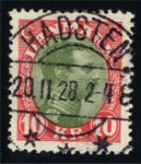 Chr. X - 10 Kroner udgivet den 15. Marts 1928. Flot stempel, blev typisk anvendt til vrdiforsendelser - f.eks. Pengeinstitutter som fremsendte vrdibreve. Det er ikke noget sjldent frimrke men dog eftertragtet. Ses sjldent som helsag.