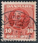 Frederik d. VIII udgivet den 1. Marts 1907 og her stemplet LAURBJERG  maj 1911. Frimrket er udgivet i stort antal og dengang anvendt til frankering af indlands brevforsendelser.